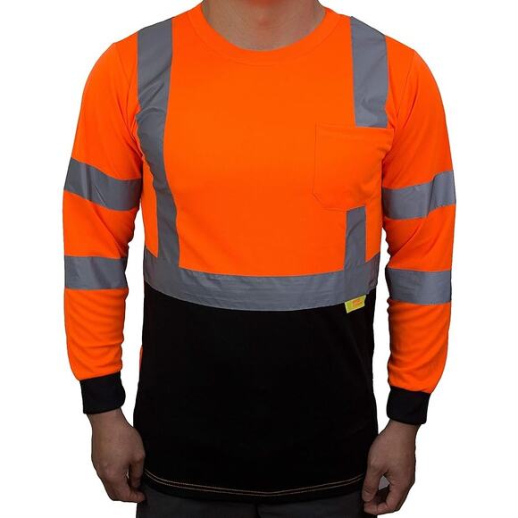 Men's Safety T-Shirt Hi-Viz Long Sleeve Black Orange Reflective Tapes Size 5XL - Picture 2 of 6